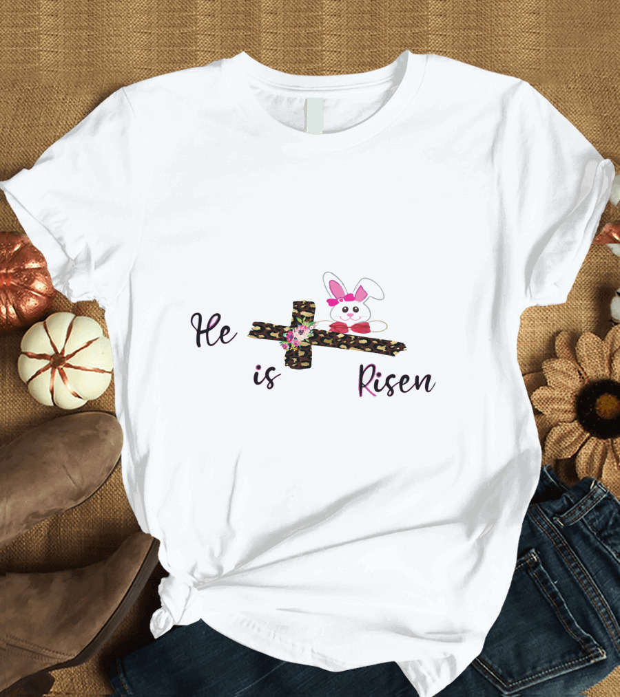 He is Risen Leopard Print Cross Easter Bunny T-Shirt