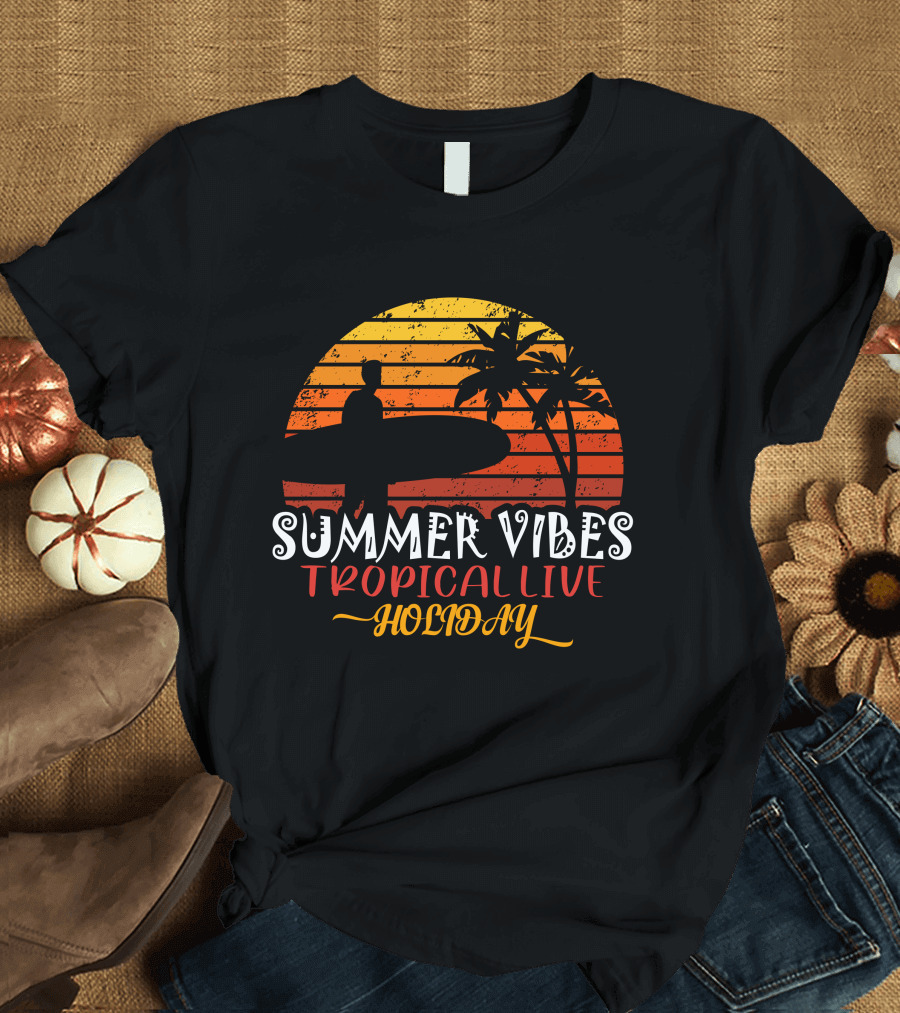 Summer Vibes Tropical Live Holiday Surfer Sunset Palms T-Shirt