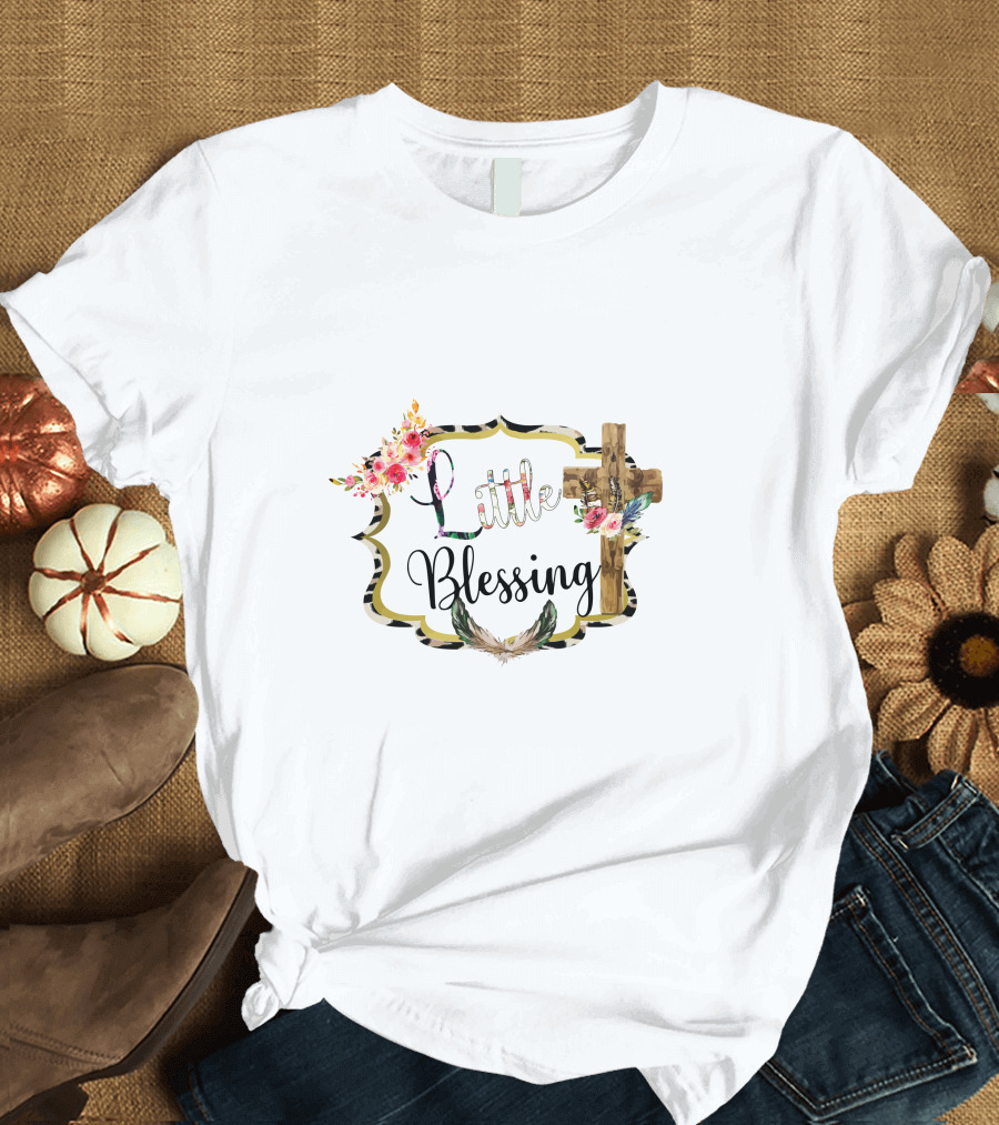 Little Blessing Leopard Cross Floral Frame T-Shirt