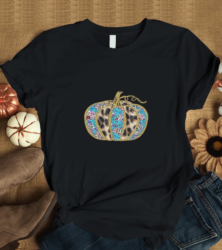 Leopard Turquoise Sugar Skull Pattern Pumpkin T-Shirt