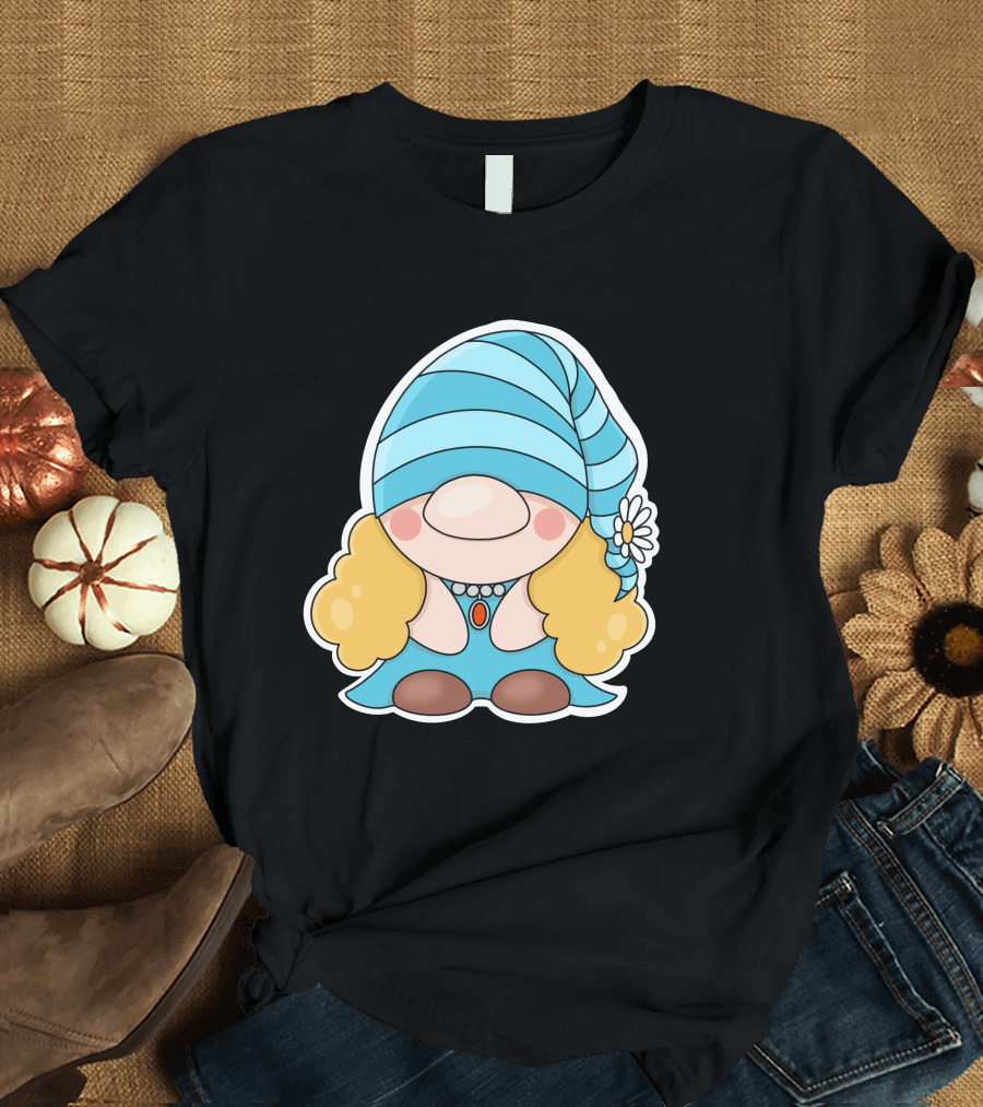 Gnome Sticker Blue Hat Daisy Blonde Hair Cute Comic T-Shirt