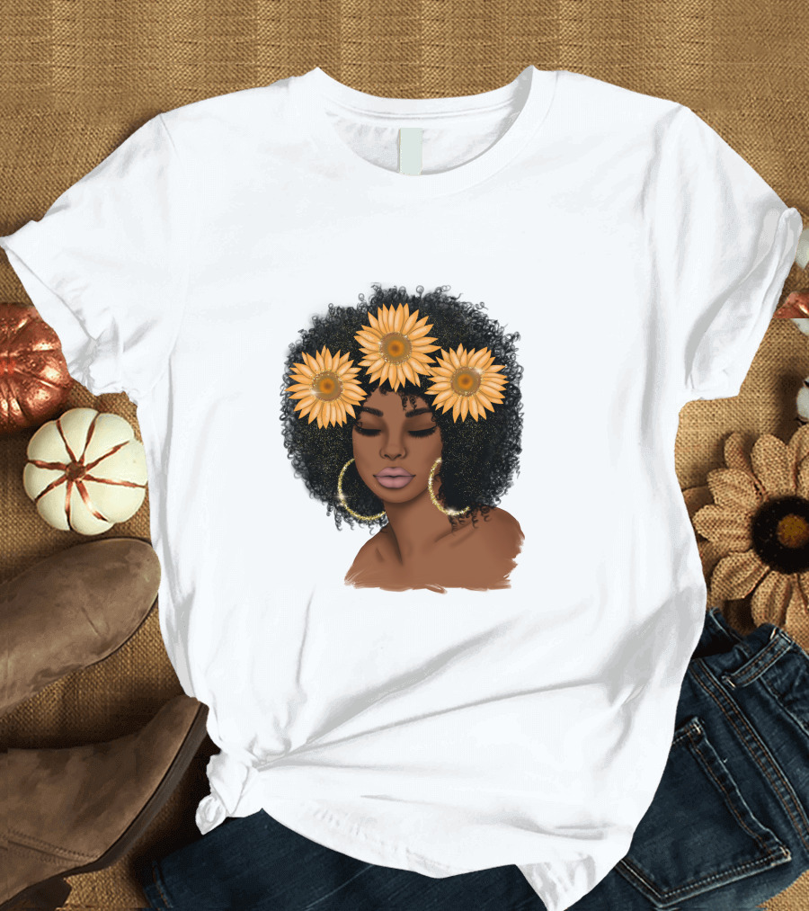 Afro Woman with Sunflowers and Hoop Earrings T-Shirt