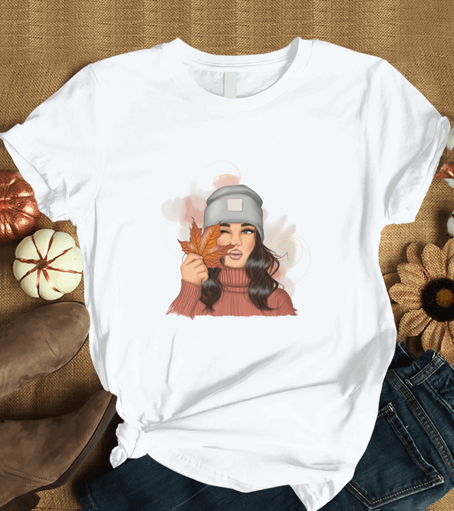 Autumn Girl Cozy Sweater and Beanie with Leaves T-Shirt