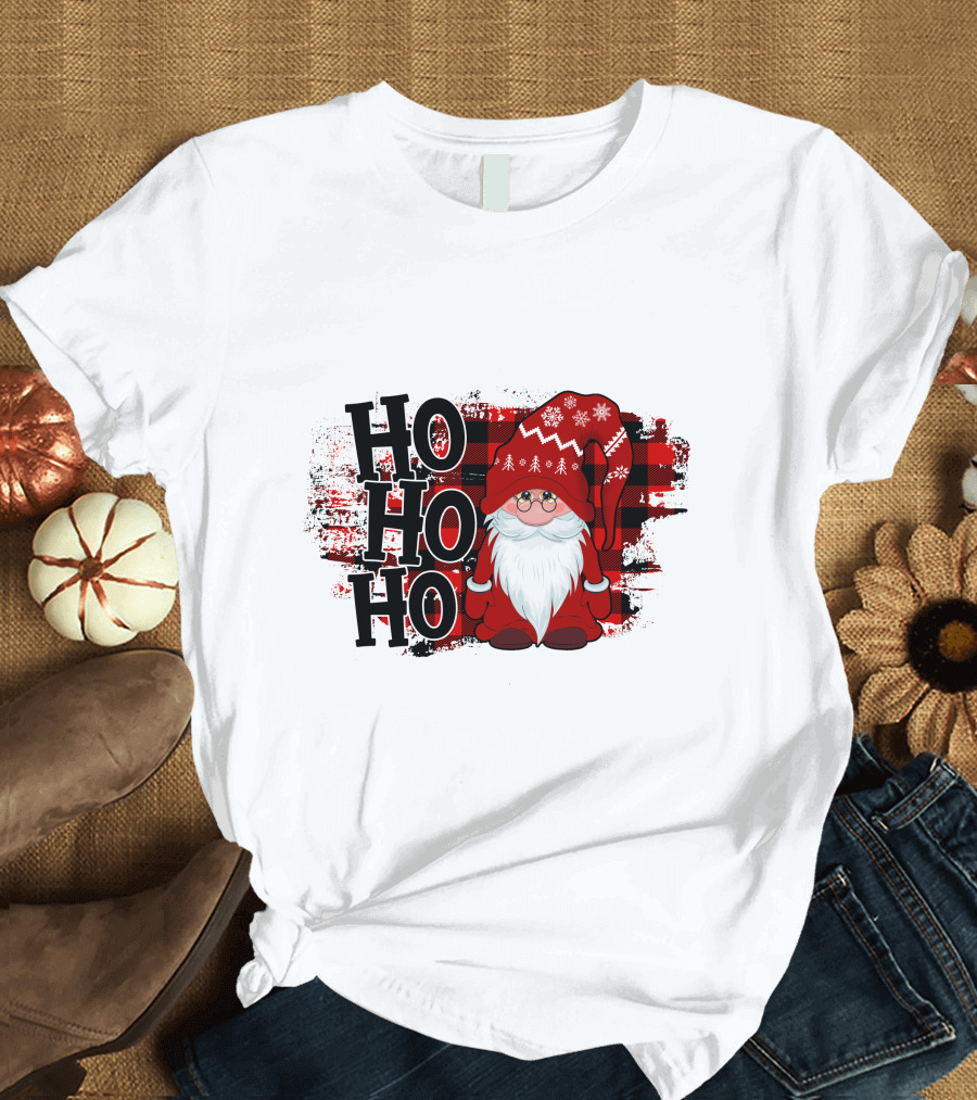 Ho Ho Ho Gnome Christmas Plaid Santa T-Shirt