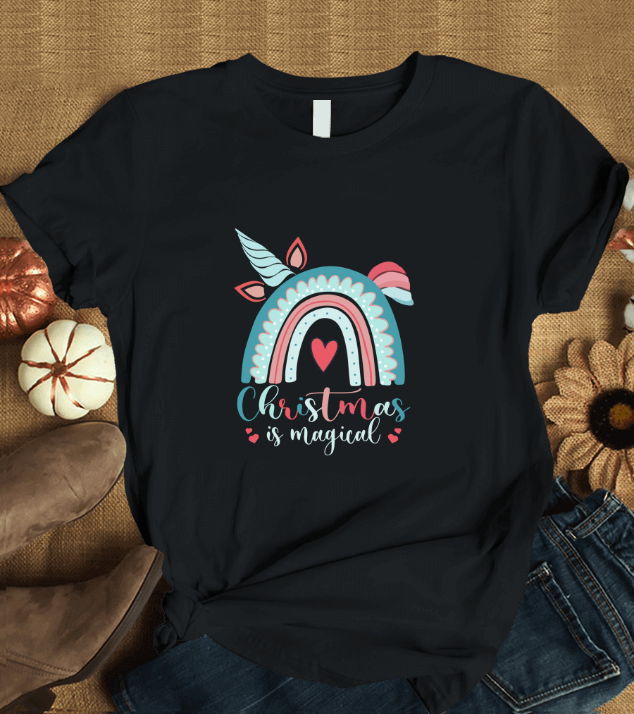 Christmas Is Magical Unicorn Rainbow Heart T-Shirt