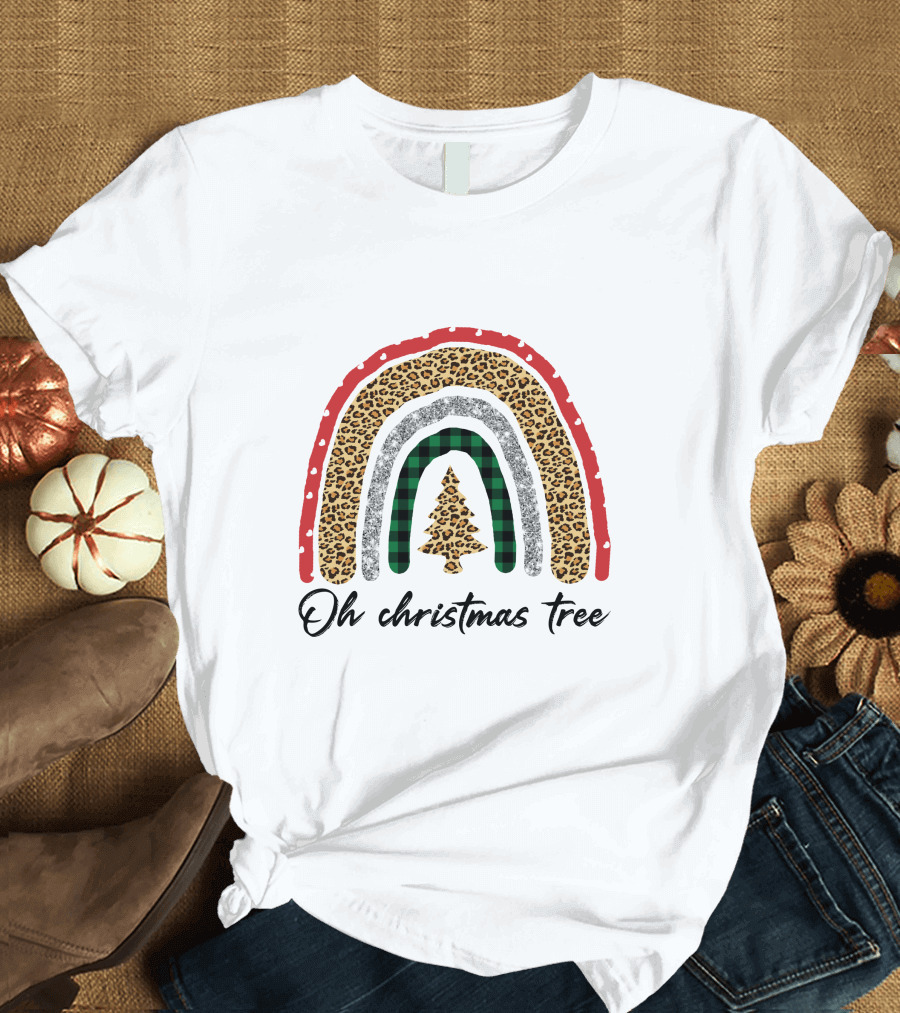 Oh Christmas Tree Leopard Plaid Rainbow T-Shirt