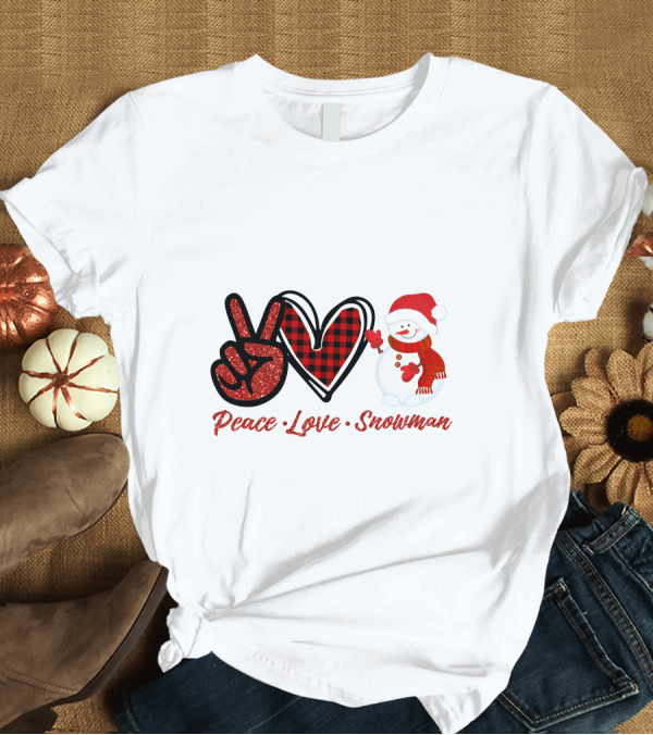 T-Shirt: Peace Love Snowman Plaid Heart Glitter Peace Sign T-Shirt Peace Love Snowman Plaid Heart Glitter Peace Sign T-Shirt