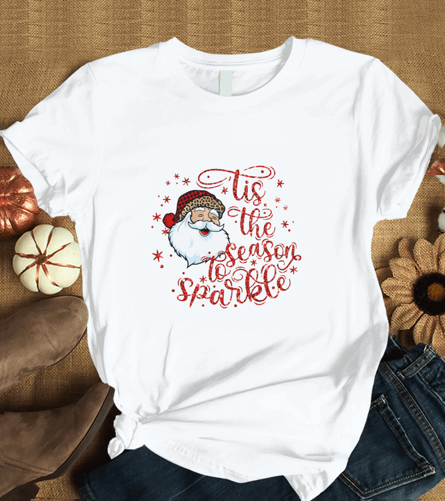'Tis The Season To Sparkle Santa Hat Christmas Stars T-Shirt