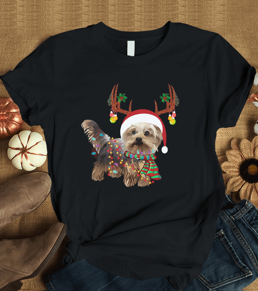Christmas Cute Dog with Santa Hat and Reindeer Antlers T-Shirt