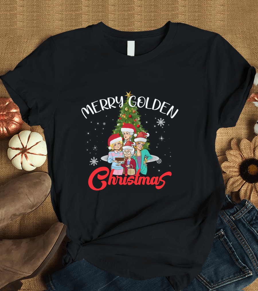 Merry Golden Christmas Golden Girls Santa Hats Christmas Tree Snowflakes T-Shirt