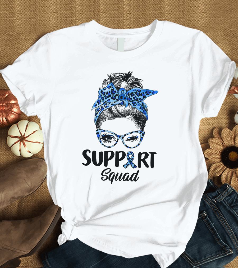 Messy Bun Support Squad Diabetes Awareness Ribbon Glasses and Bandana T-Shirt