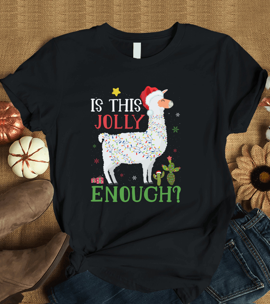 Is This Jolly Enough Christmas Lights Llama Santa Hat T-Shirt