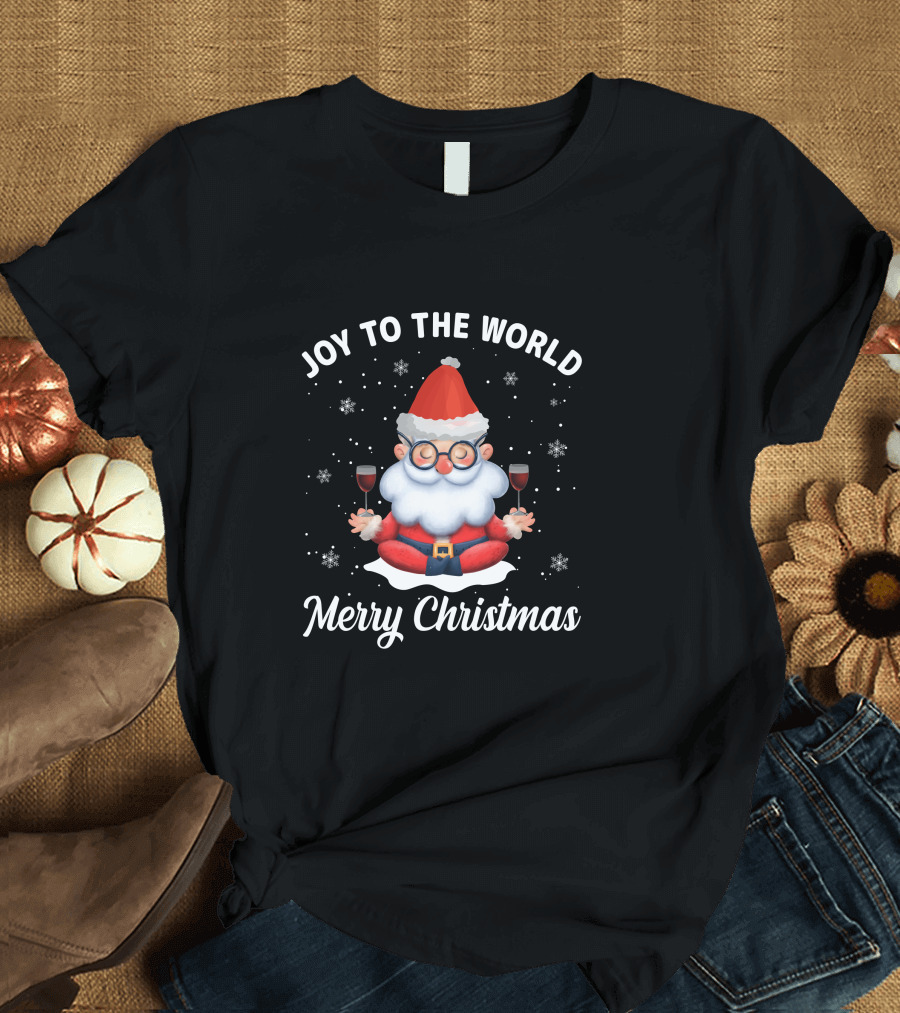 Joy To The World Merry Christmas Santa Meditation with Wine Snowflakes T-Shirt