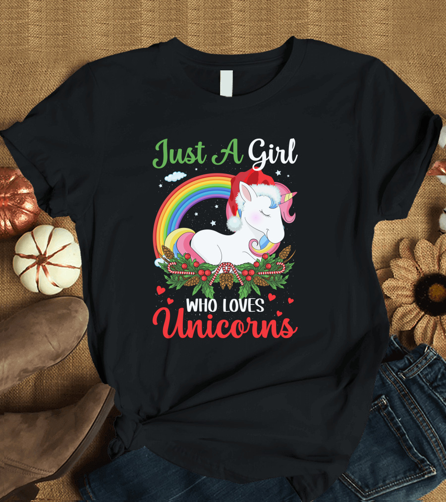 Just A Girl Who Loves Unicorns Rainbow Christmas Santa Hat T-Shirt
