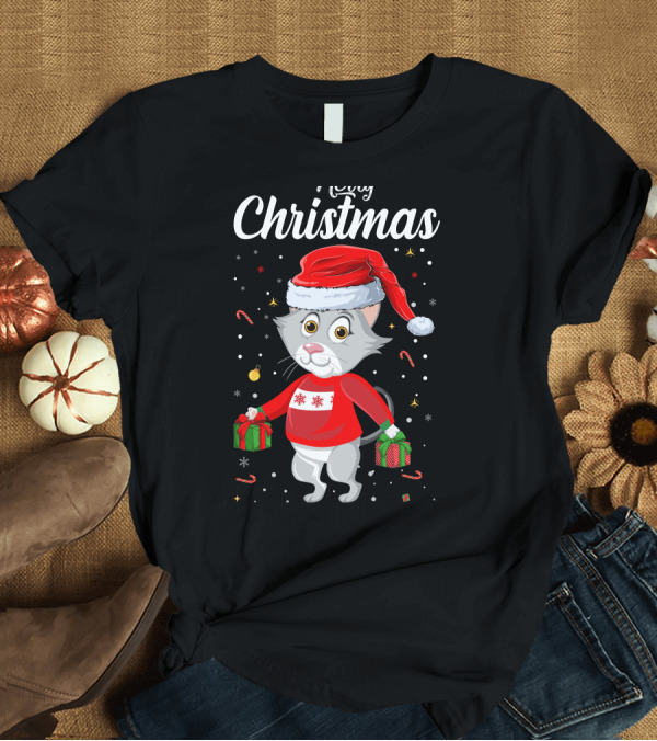 T-Shirt: Merry Christmas Catboy with Santa Hat and Gifts T-Shirt Merry Christmas Catboy with Santa Hat and Gifts T-Shirt