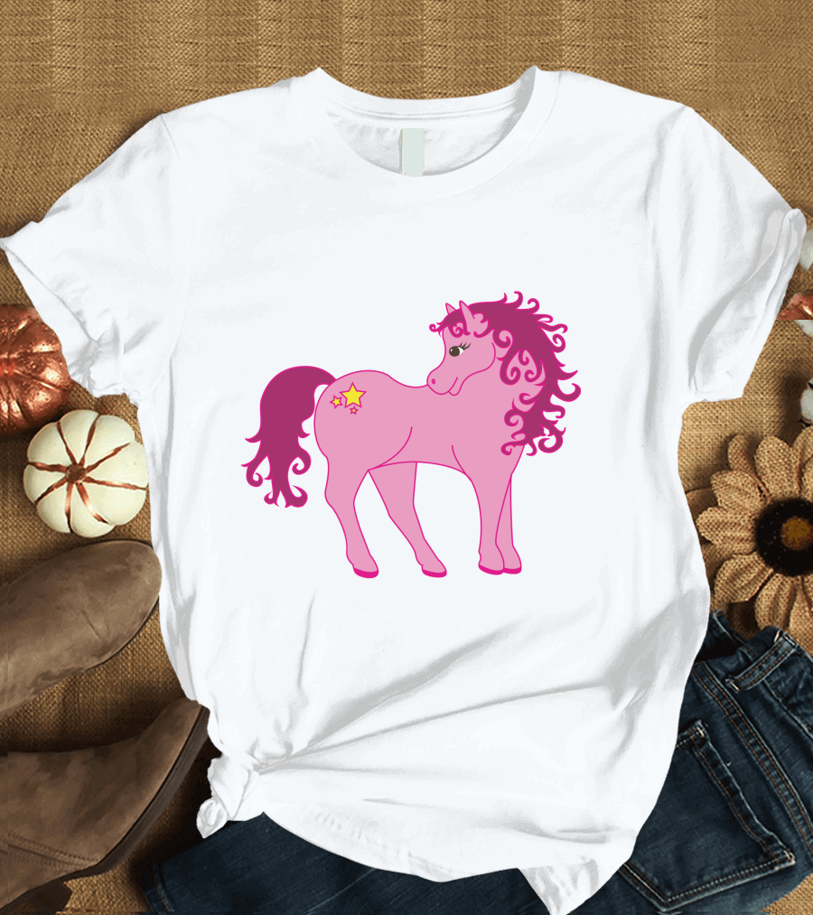 Cute Pink Pony with Curly Mane and Star Markings T-Shirt