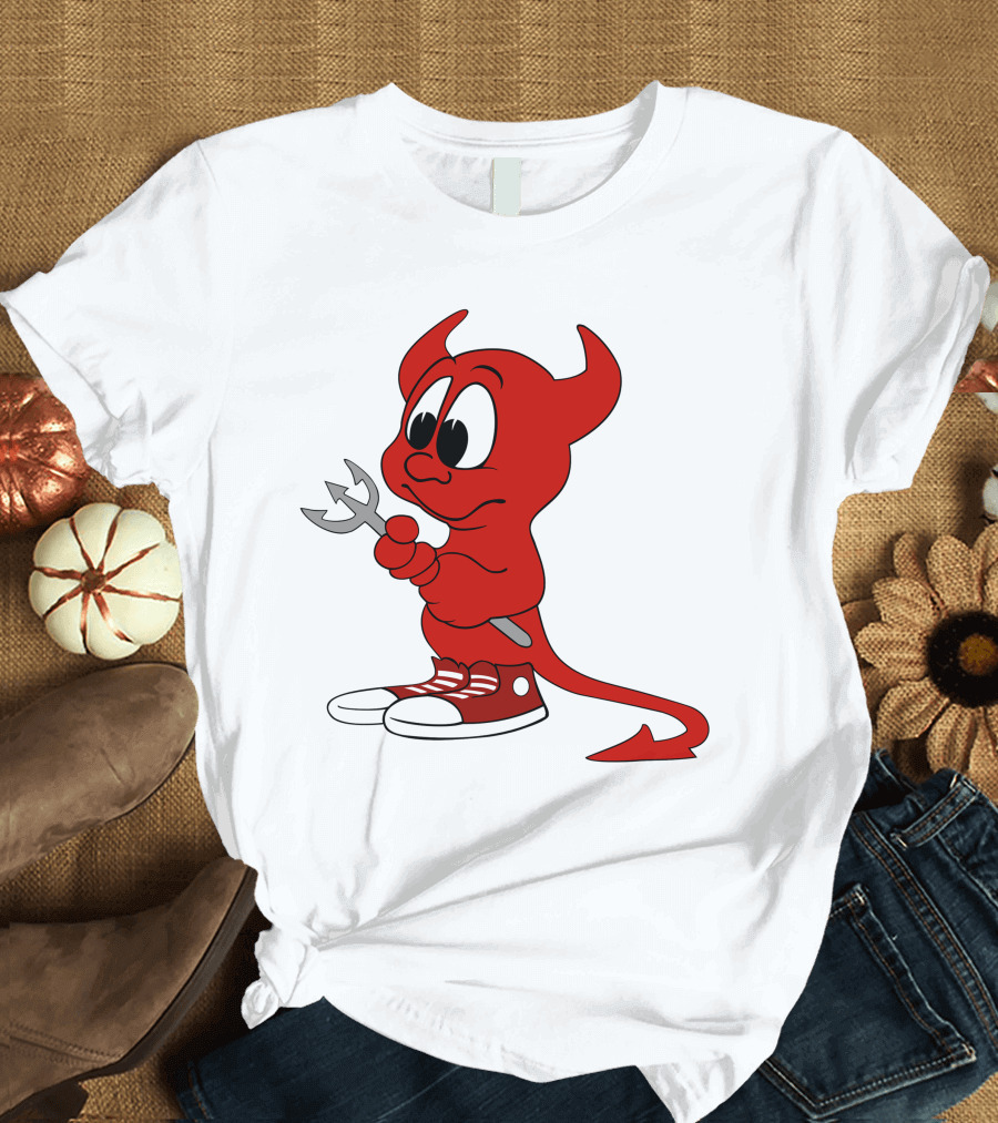 Devil in Sneakers Holding Pitch Fork Cartoon T-Shirt