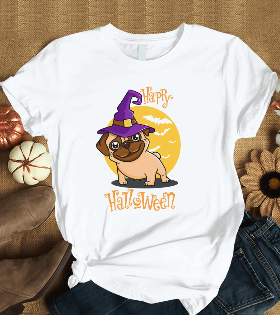 Happy Halloween Dog Witch Hat Full Moon Bats T-Shirt