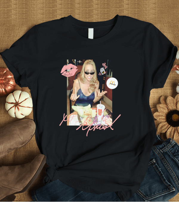 T-Shirt: Mariah Carey McDonalds Merch with Pink Lips and Heart Accents T-Shirt Mariah Carey McDonalds Merch with Pink Lips and Heart Accents T-Shirt