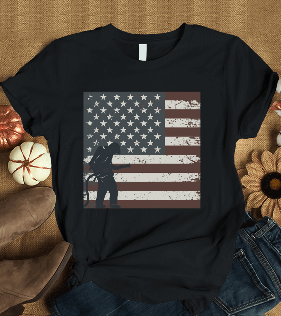 Fireman Silhouette Distressed American Flag T-Shirt