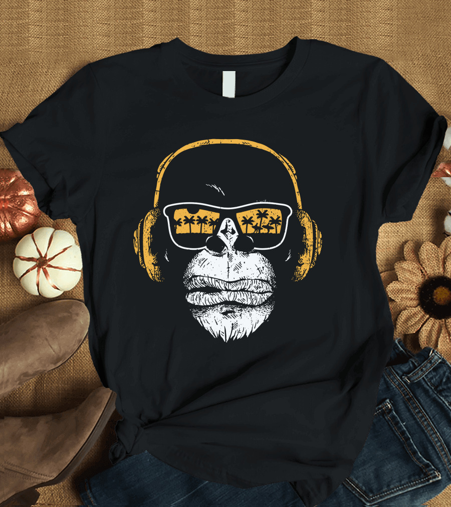 Monkey With DJ Headphones Sunglasses Palm Trees T-Shirt