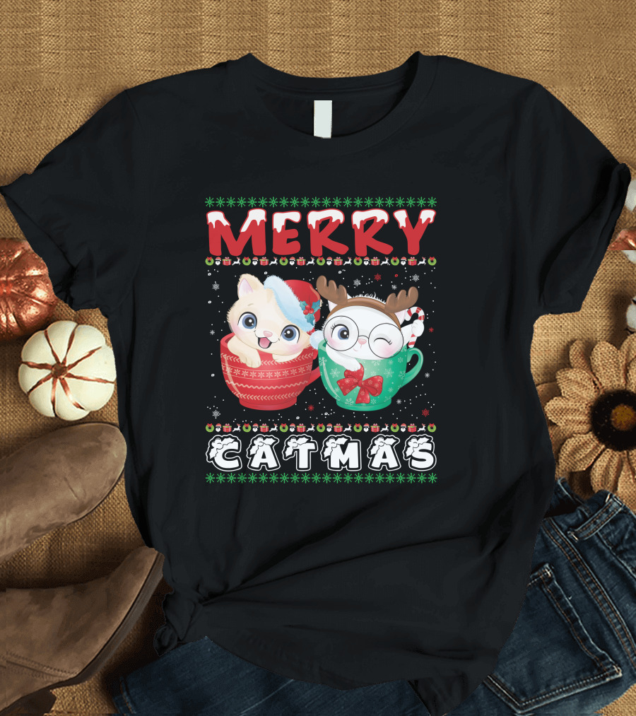 Merry Catmas with Festive Cats in Holiday Mugs T-Shirt