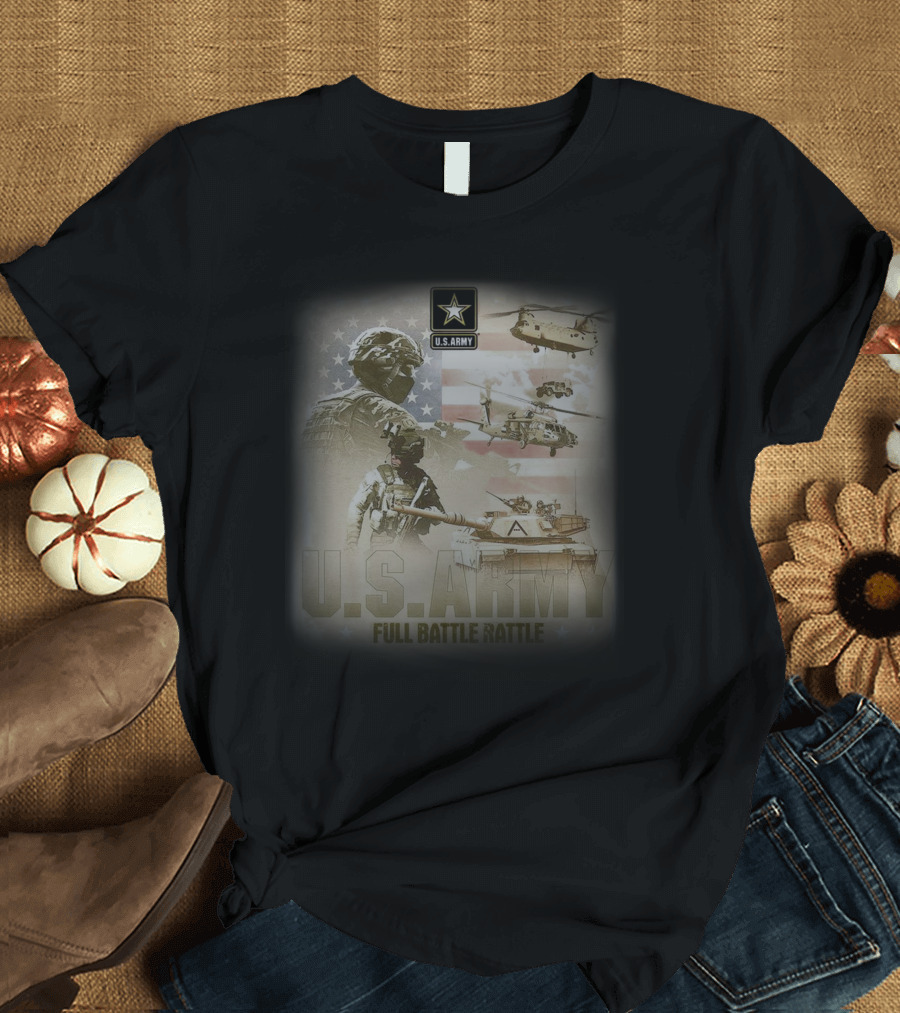 U.S. Army Full Battle Rattle Helicopters Tanks Flag T-Shirt