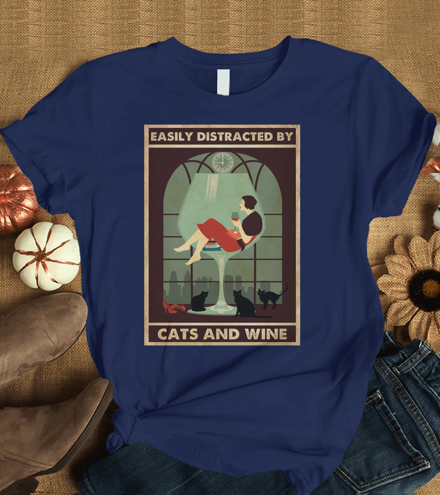 Easily Distracted by Cats and Wine Art Deco Woman in Glass with City Skyline and Cats T-Shirt
