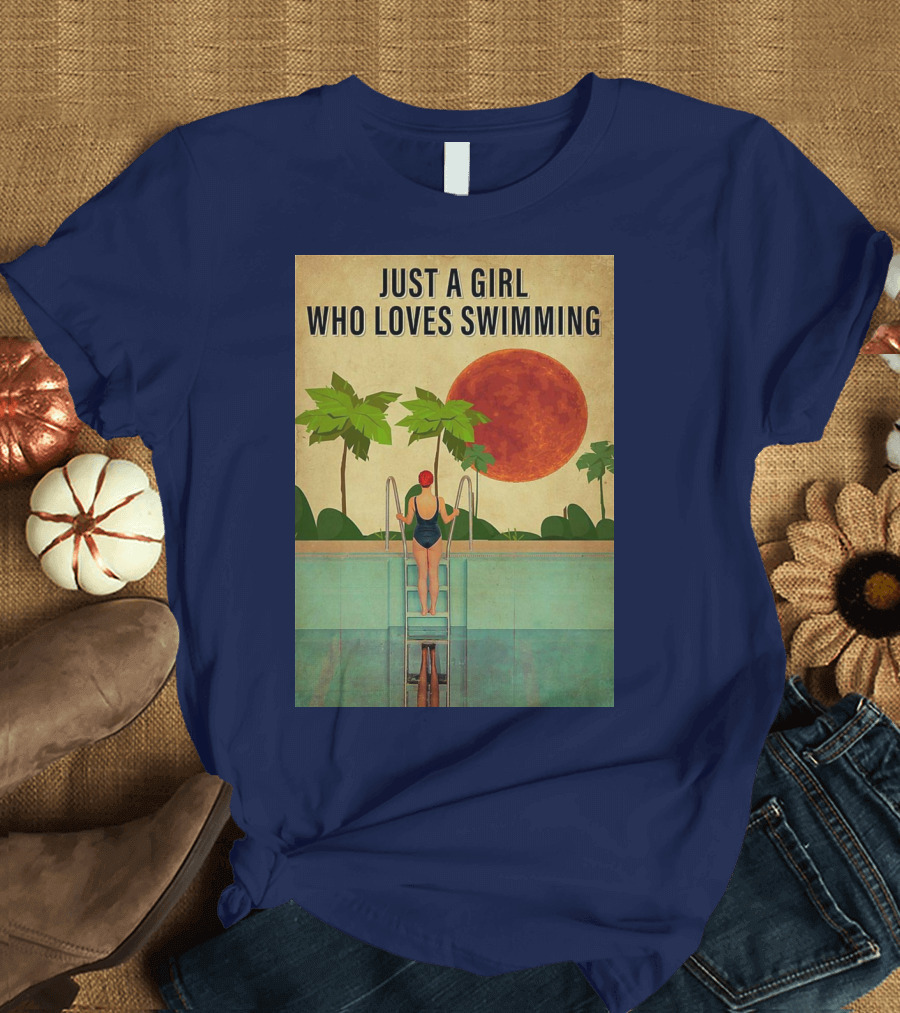 Just a Girl Who Loves Swimming with Palm Trees and Red Sun T-Shirt