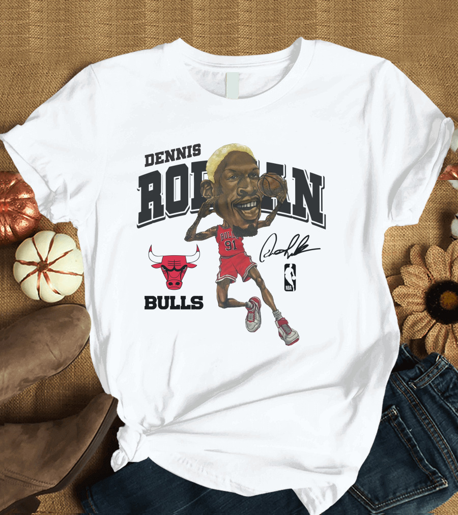 Dennis Rodman 91 Chicago Bulls NBA Caricature Signature Mitchell and Ness T-Shirt