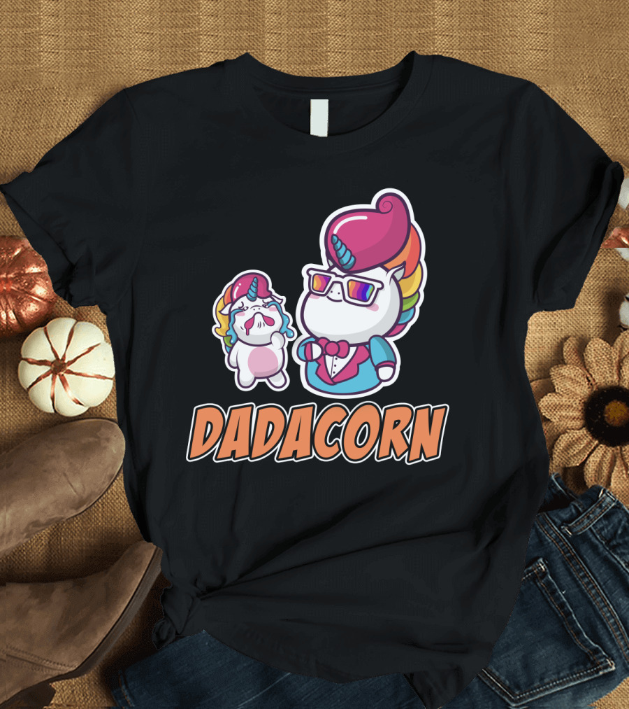 Dadacorn Unicorn Dad and Baby with Rainbow Outfits and Sunglasses T-Shirt
