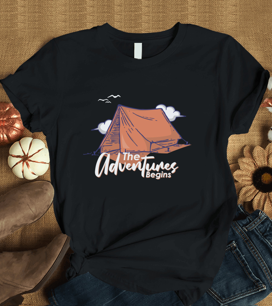 The Adventures Begins Camping Tent Clouds and Birds T-Shirt