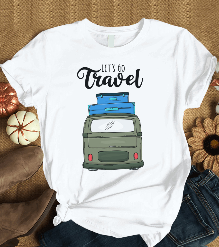 Let's Go Travel with Retro Van and Luggage Stack T-Shirt