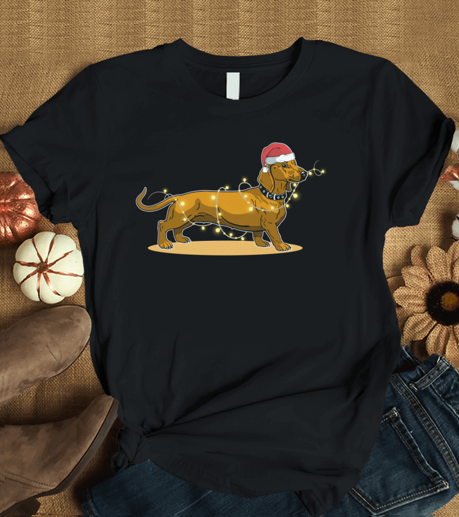 Dachshund Wrapped in Christmas Lights Wearing Santa Hat T-Shirt