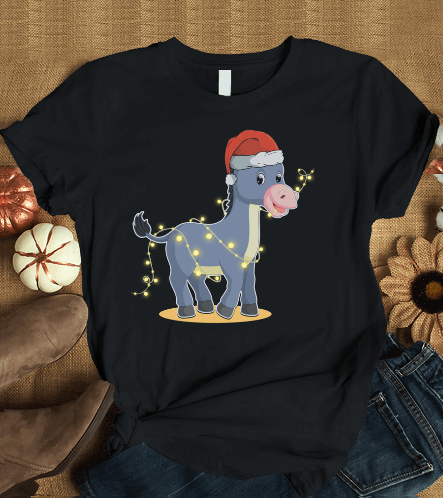 Christmas Lights Donkey with Santa Hat Holiday T-Shirt
