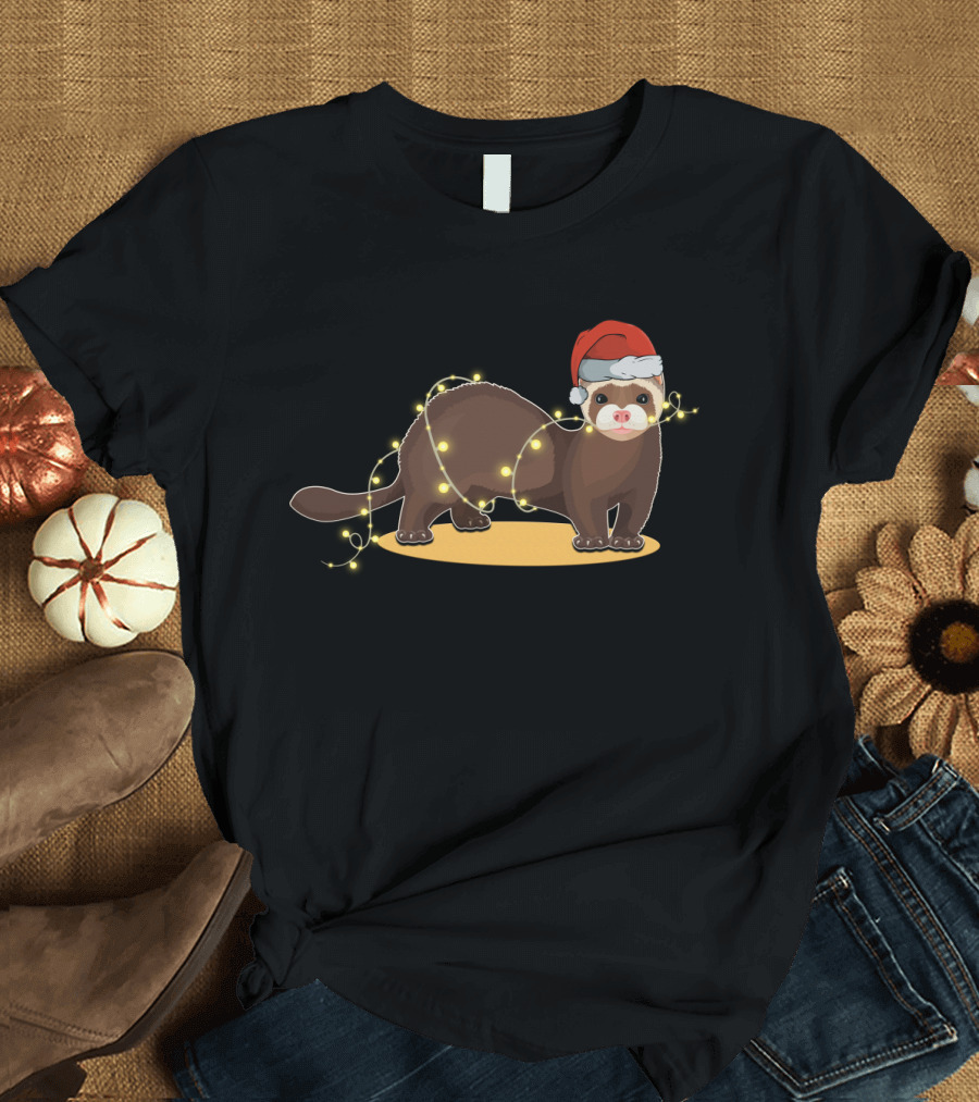 Christmas Lights Wrapped Ferret Wearing Santa Hat T-Shirt
