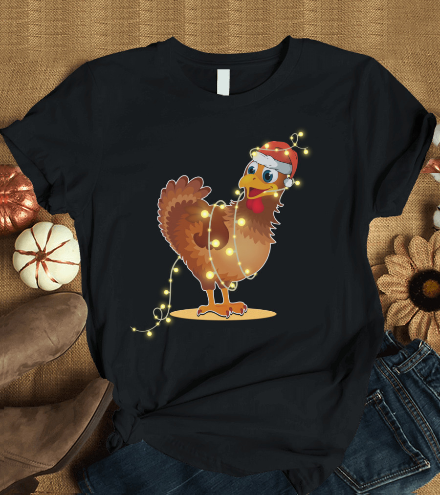 Santa Hat Chicken Wrapped in Christmas String Lights T-Shirt