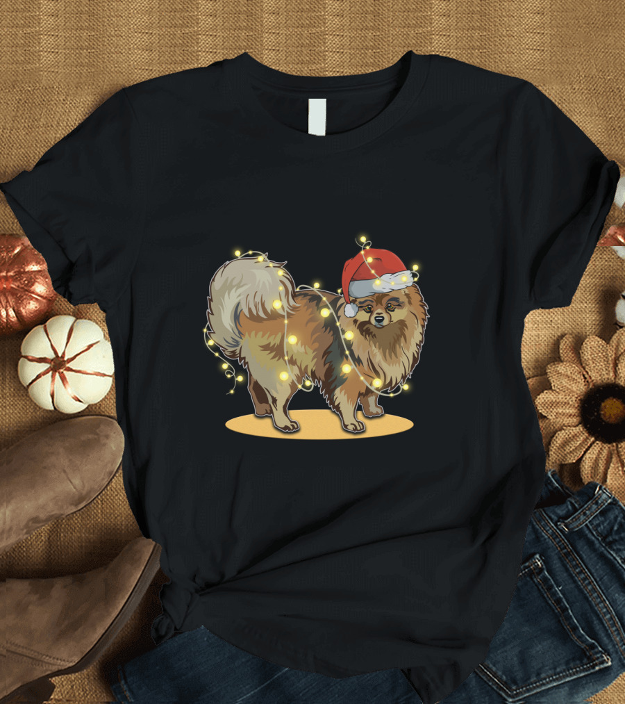 Pomeranian Wrapped in Christmas Lights Wearing Santa Hat T-Shirt