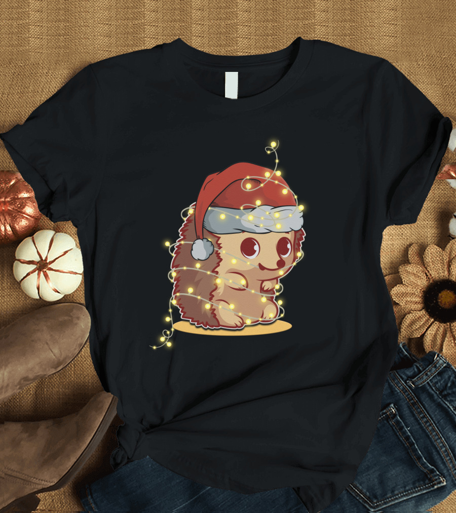 Santa Hat Festive Christmas Lights Hedgehog T-Shirt