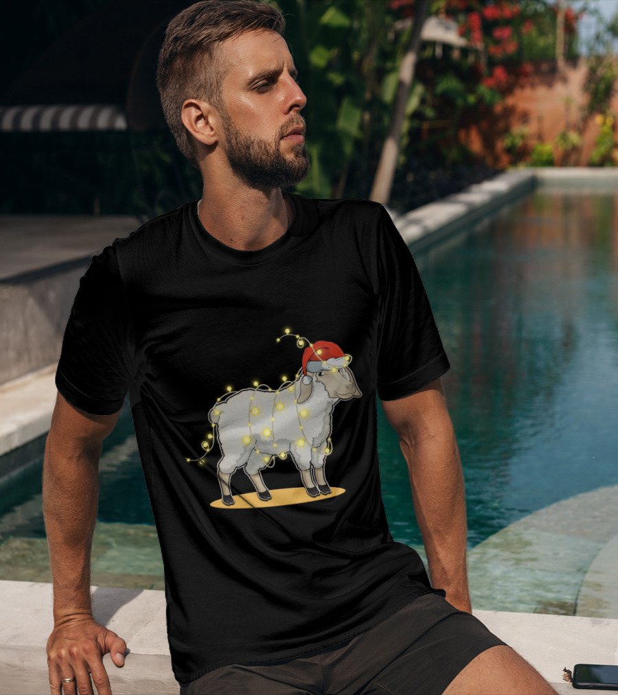 Sheep Wrapped In Christmas Lights With Santa Hat Holiday Decor T-Shirt