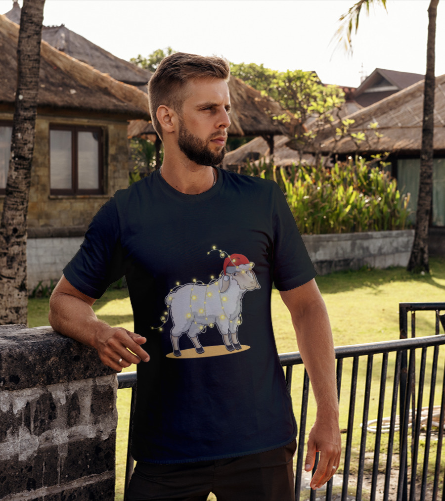 Sheep Wrapped In Christmas Lights With Santa Hat Holiday Decor T-Shirt