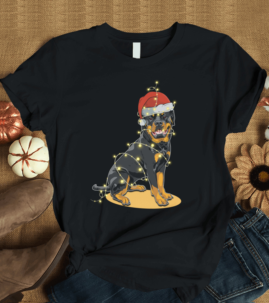 Rottweiler Wrapped in Christmas Lights with Santa Hat T-Shirt