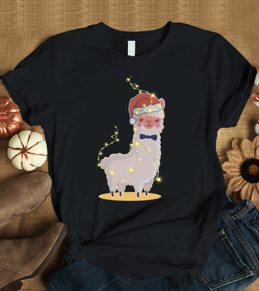 Alpaca Wrapped in Christmas Lights Wearing Santa Hat and Bow Tie T-Shirt