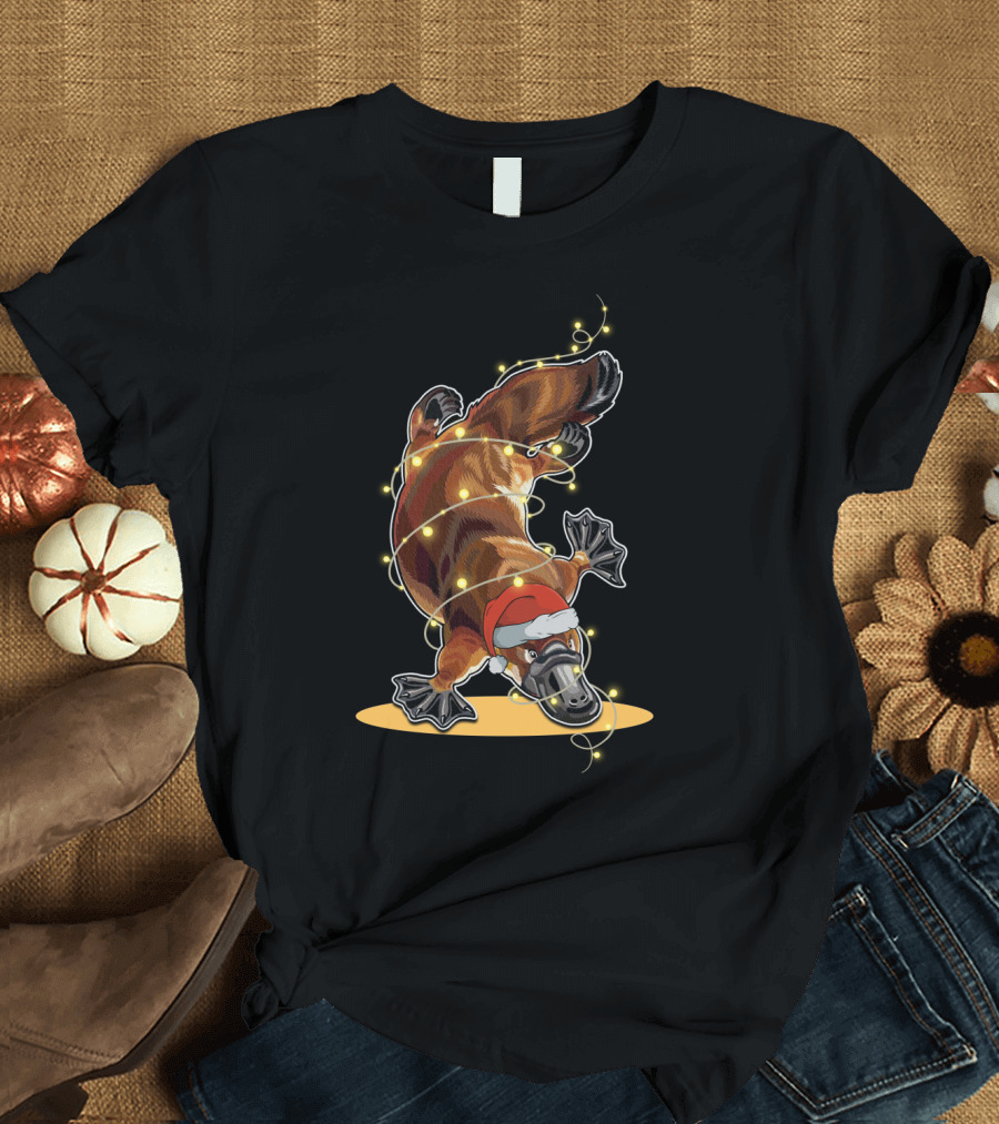 Christmas Lights Platypus Santa Hat Holiday Festive Decor T-Shirt