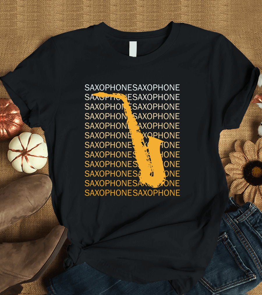 Saxophone Repeated Pattern with Bold Orange Saxophone Highlight T-Shirt