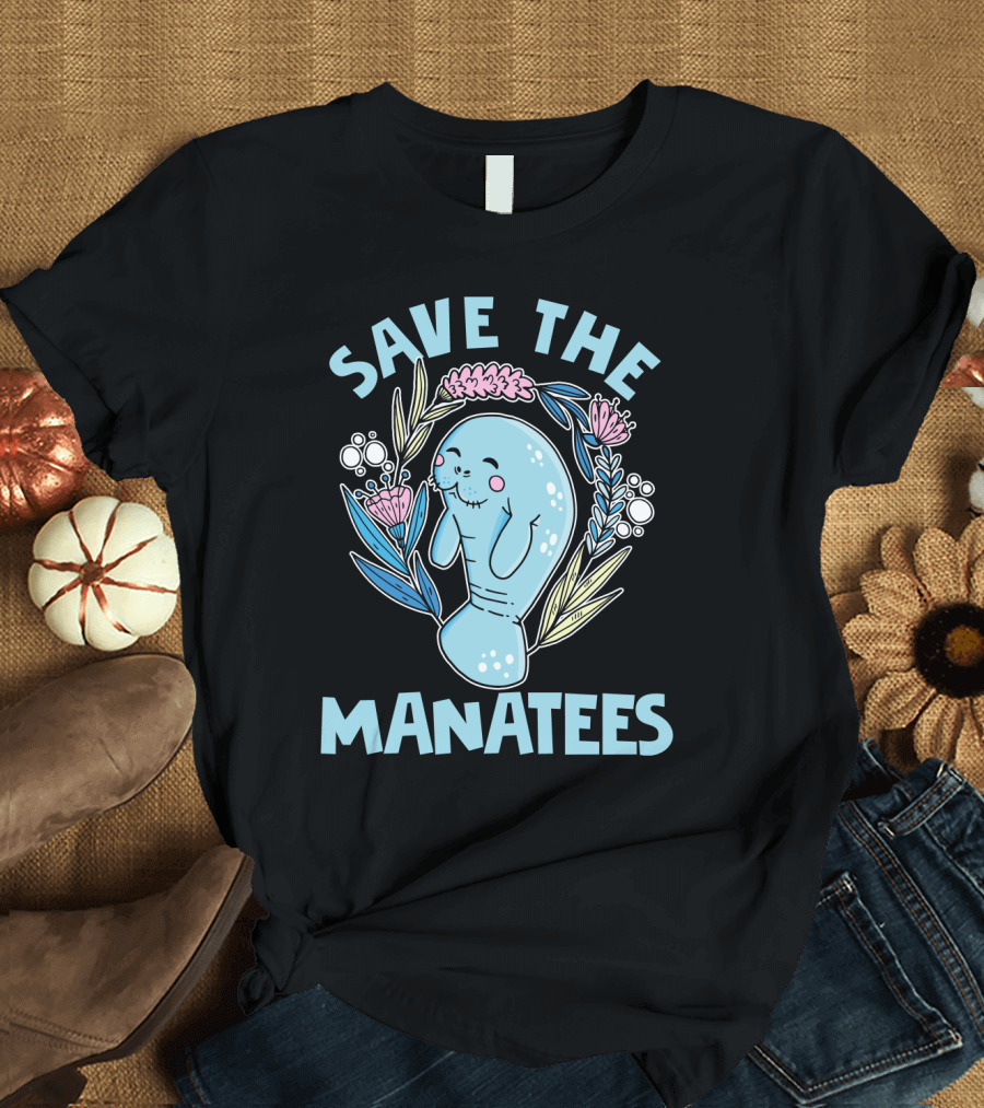 SAVE THE MANATEES Save The Manatees Manatee Surrounded by Flowers and Bubbles T-Shirt