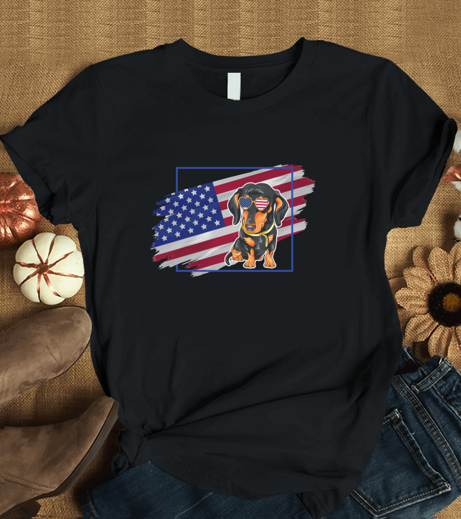 4th of July Patriotic Dachshund Dog with American Flag Sunglasses T-Shirt