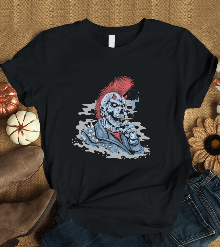 Skull Punk Mohawk with Spiked Leather and Smoking Cigarette T-Shirt