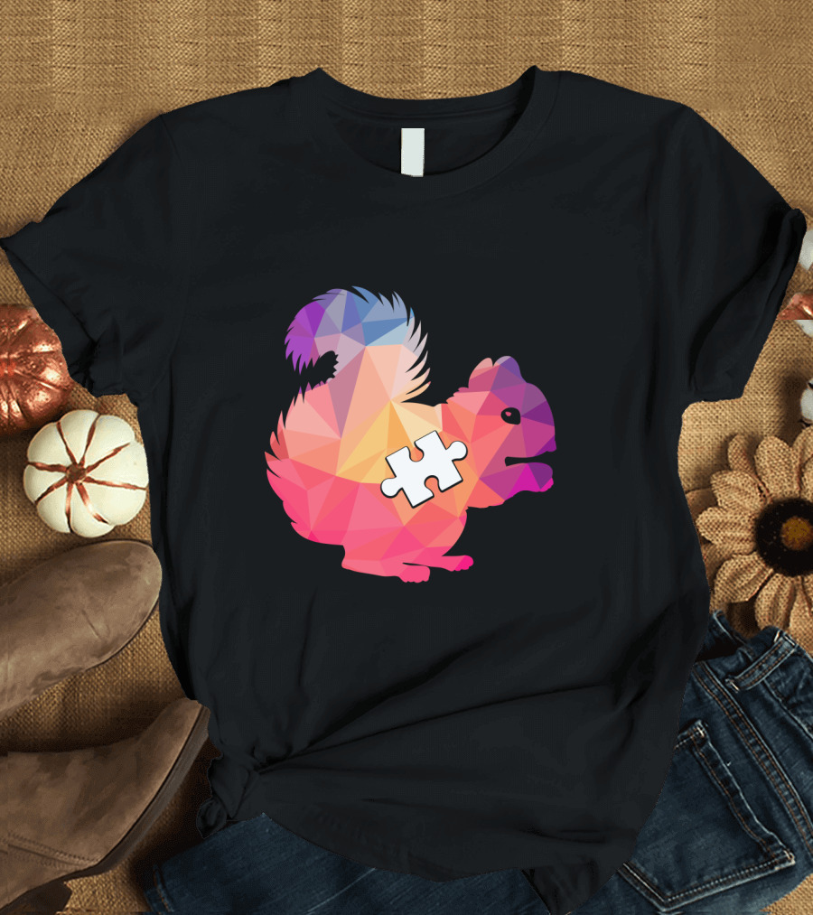 Squirrel Autism Awareness Puzzle Piece Geometric Multicolor T-Shirt