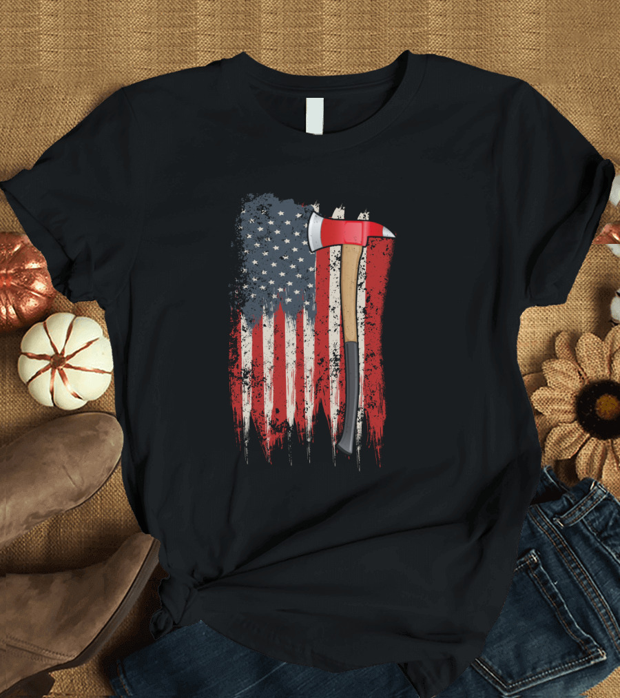American Flag Themed Firefighter Axe Symbolizing Patriotism T-Shirt